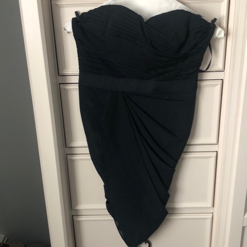 Bloomingdale’s Aqua Strapless Black Cocktail Dress
